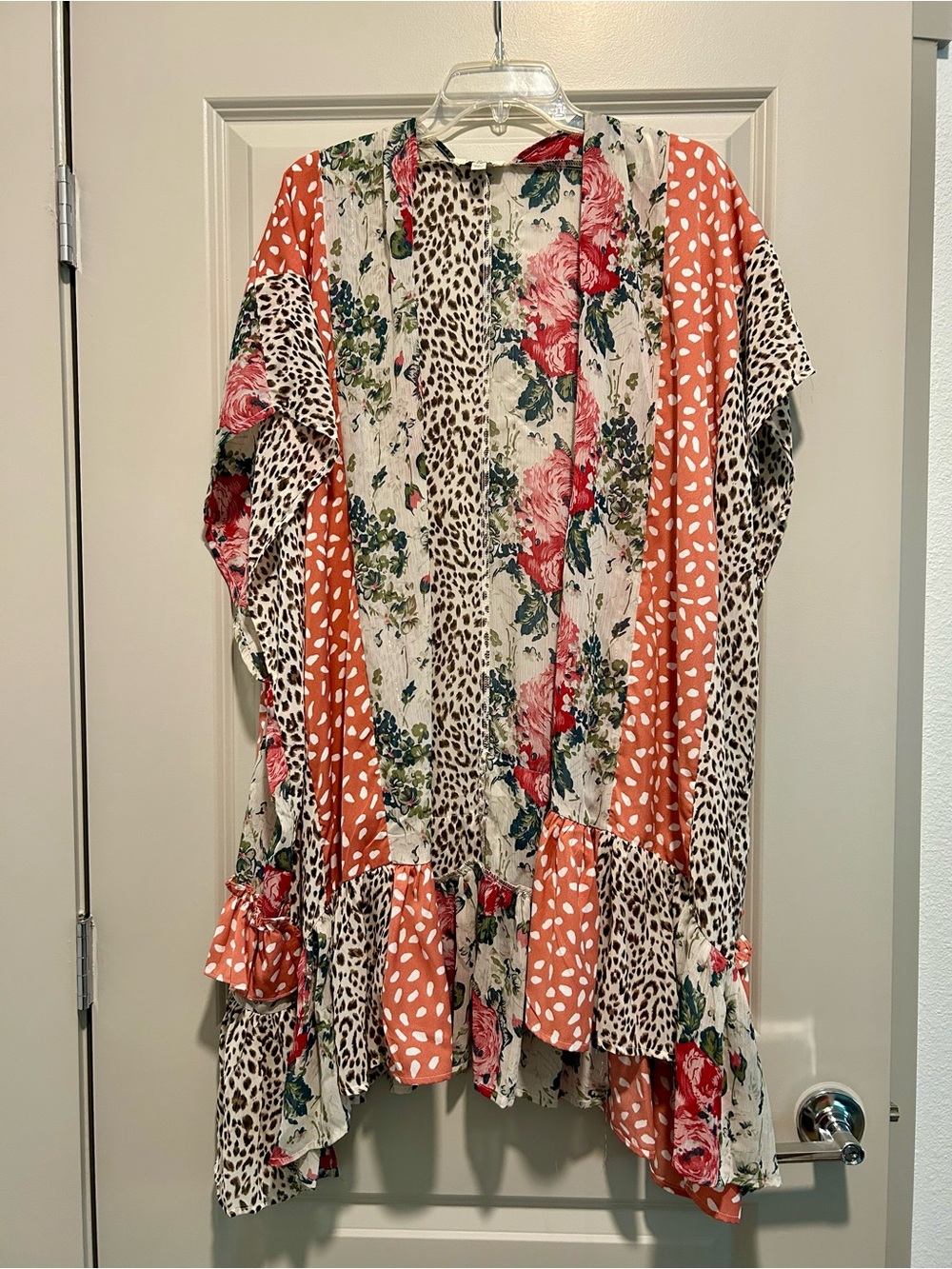 Umgee Mixed Floral & Leopard Ruffle Kimono - Orange, Cream